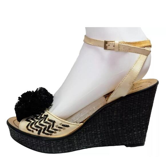 Preloved- Kate Spade Sandals Heels Black Ivory Leather Pom Pom Platform Wedges 8 - Picture 6 of 10